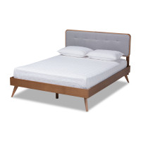 Baxton Studio Dilara-Light Grey/Ash Walnut-King Dilara Mid-Century Modern Light Grey Fabric Upholstered Walnut Brown Finished Wood King Size Platform Bed